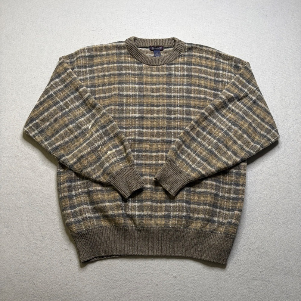 Gant Sweater Mens L Brown Plaid Vintage Cotton Knit Crew Neck‎ Long Sleeve